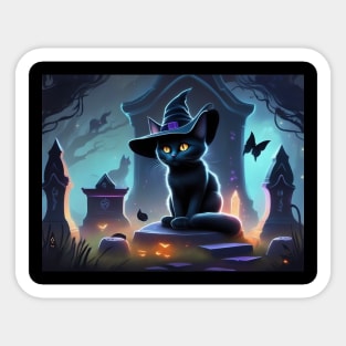 A little black witch cat on Halloween night Sticker